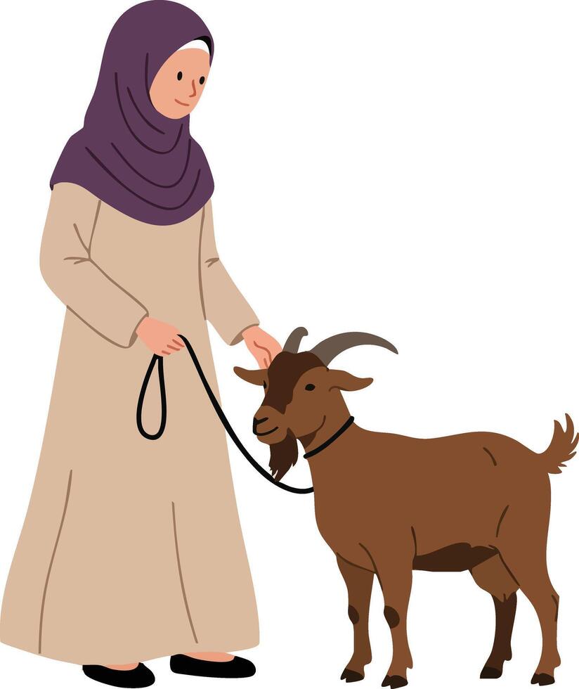 Woman in hijab walking brown goat on leash in simple illustration of rural lifestyle and animal care vector