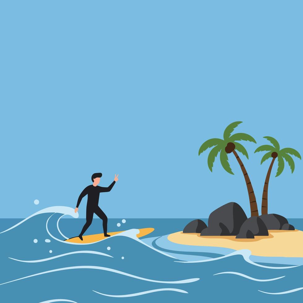 Surfer riding waves near tropical island with palm trees and rocks in blue ocean landscape illustration vector