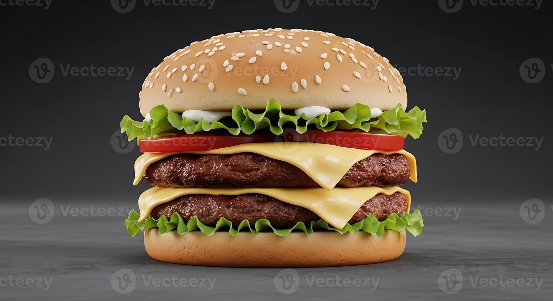 A large hamburger with cheese, lettuce and tomato photo