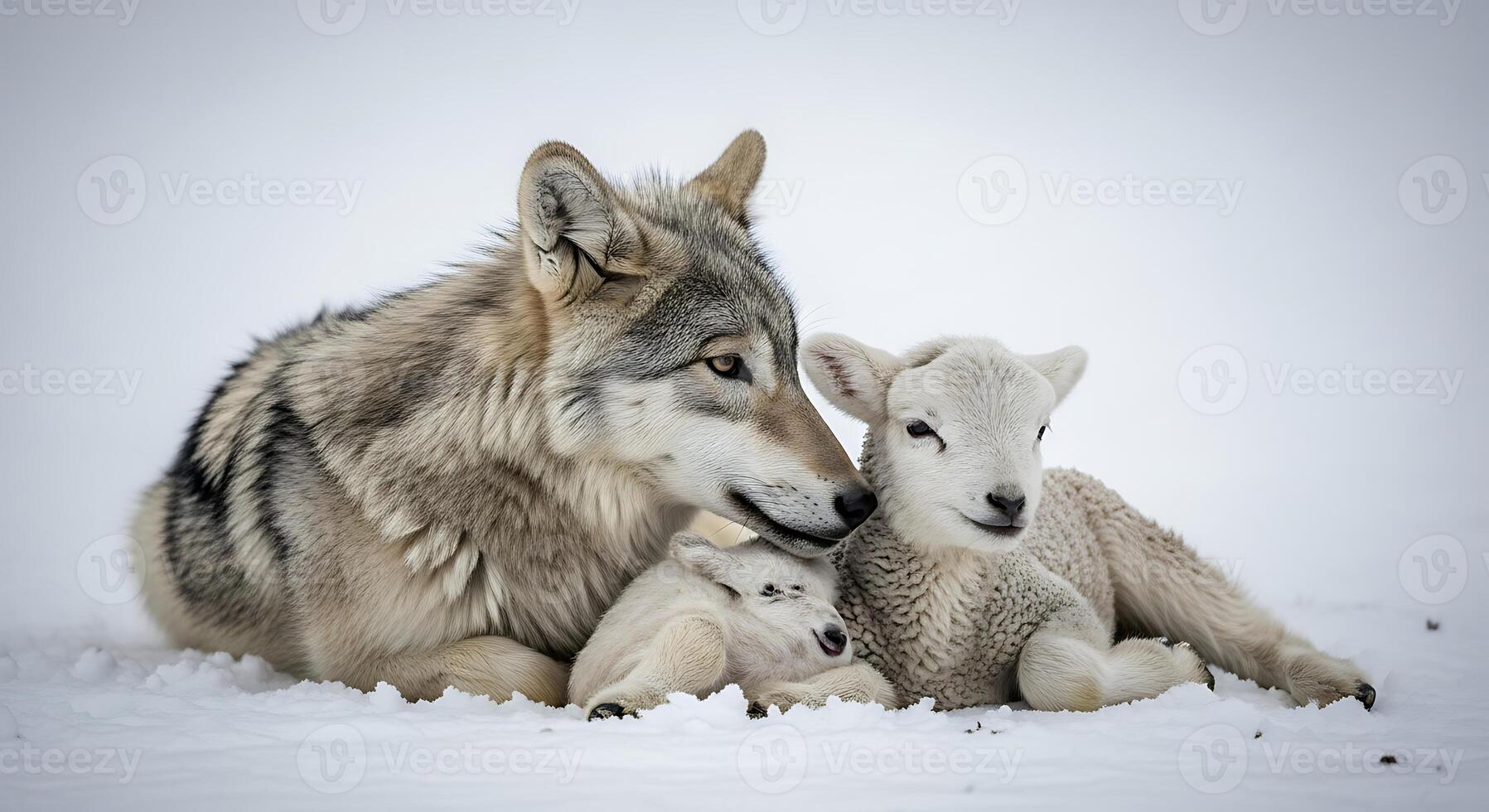 A wolf and two lambs laying in the snow photo