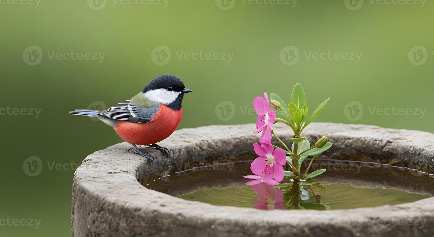 A bird is sitting on a cement bowl with a flower photo