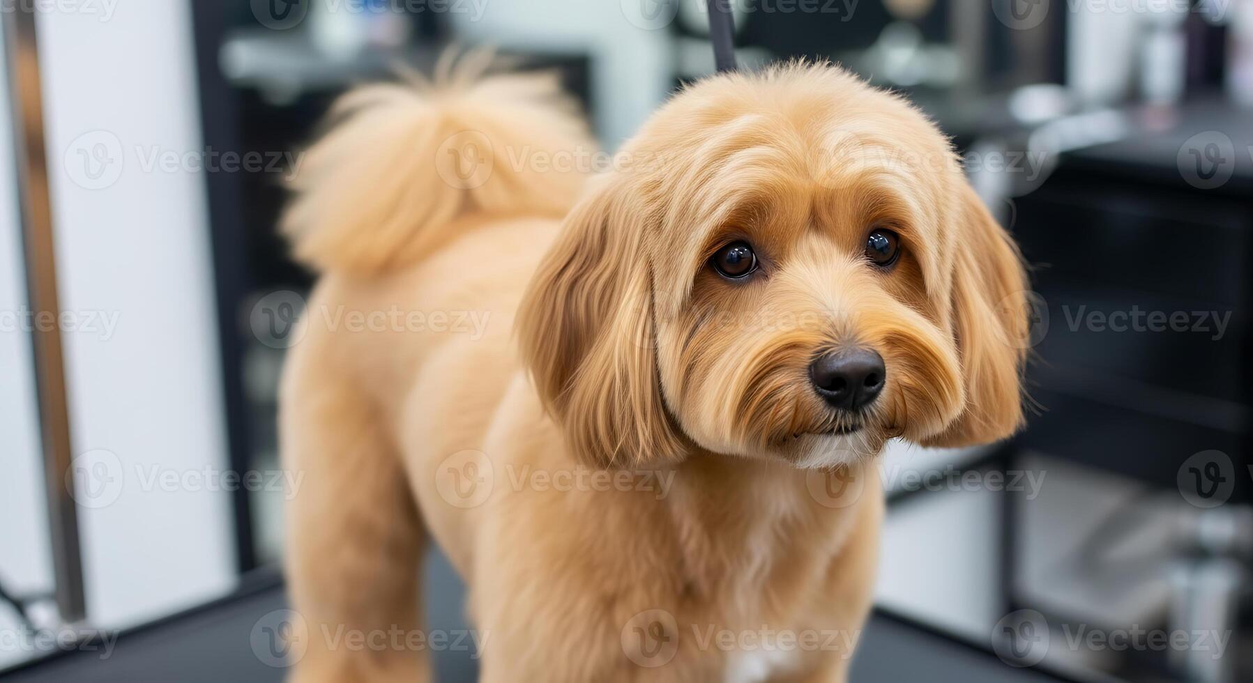 A dog is standing on a grooming table photo