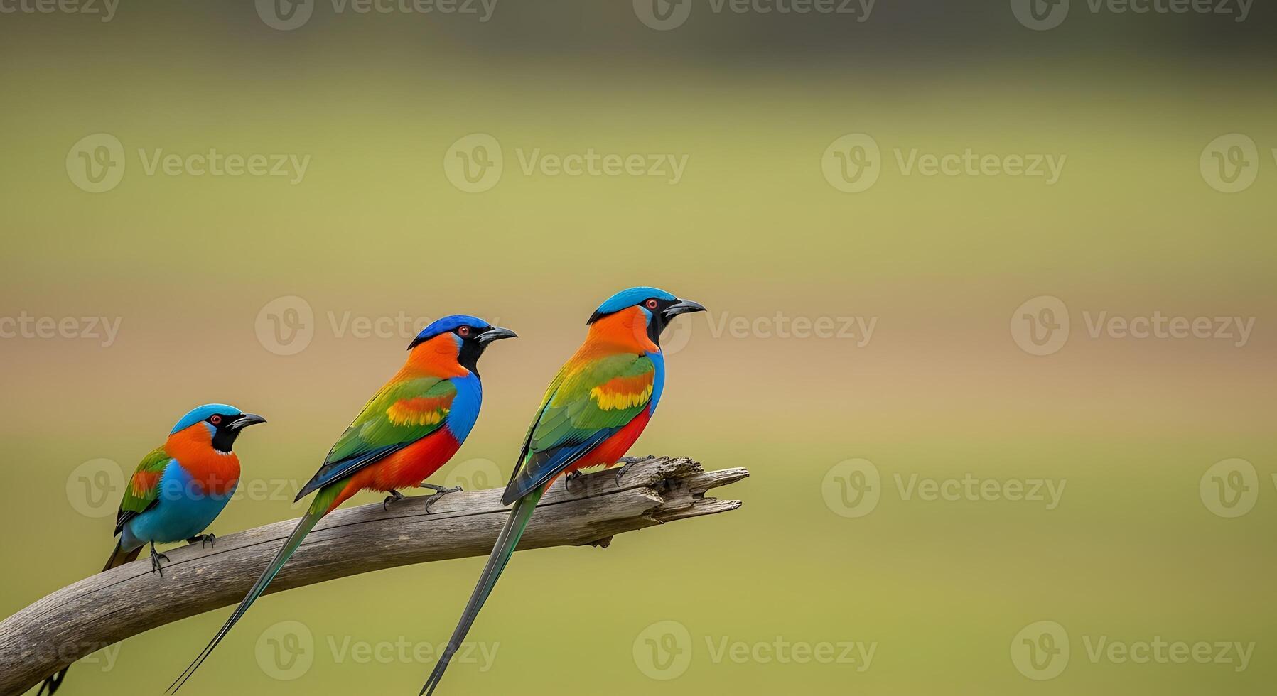 Three colorful birds sitting on a branch photo