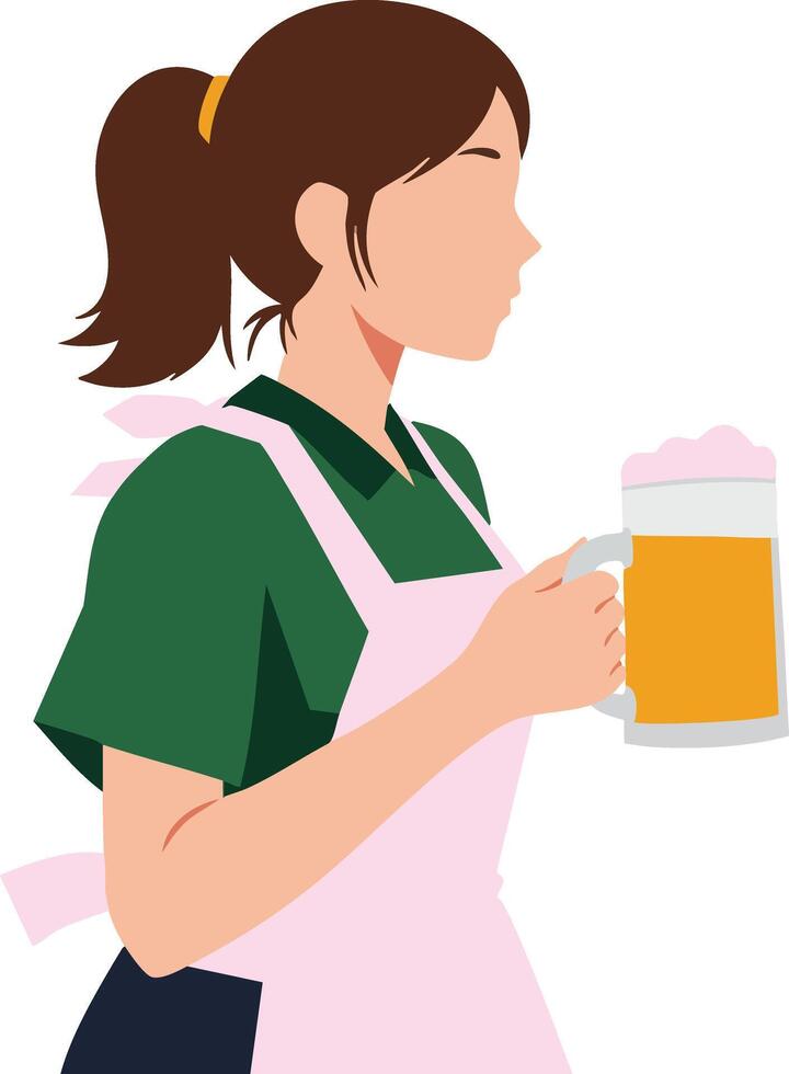 Woman in pink apron holding beer mug illustration with green shirt and ponytail hairstyle vector