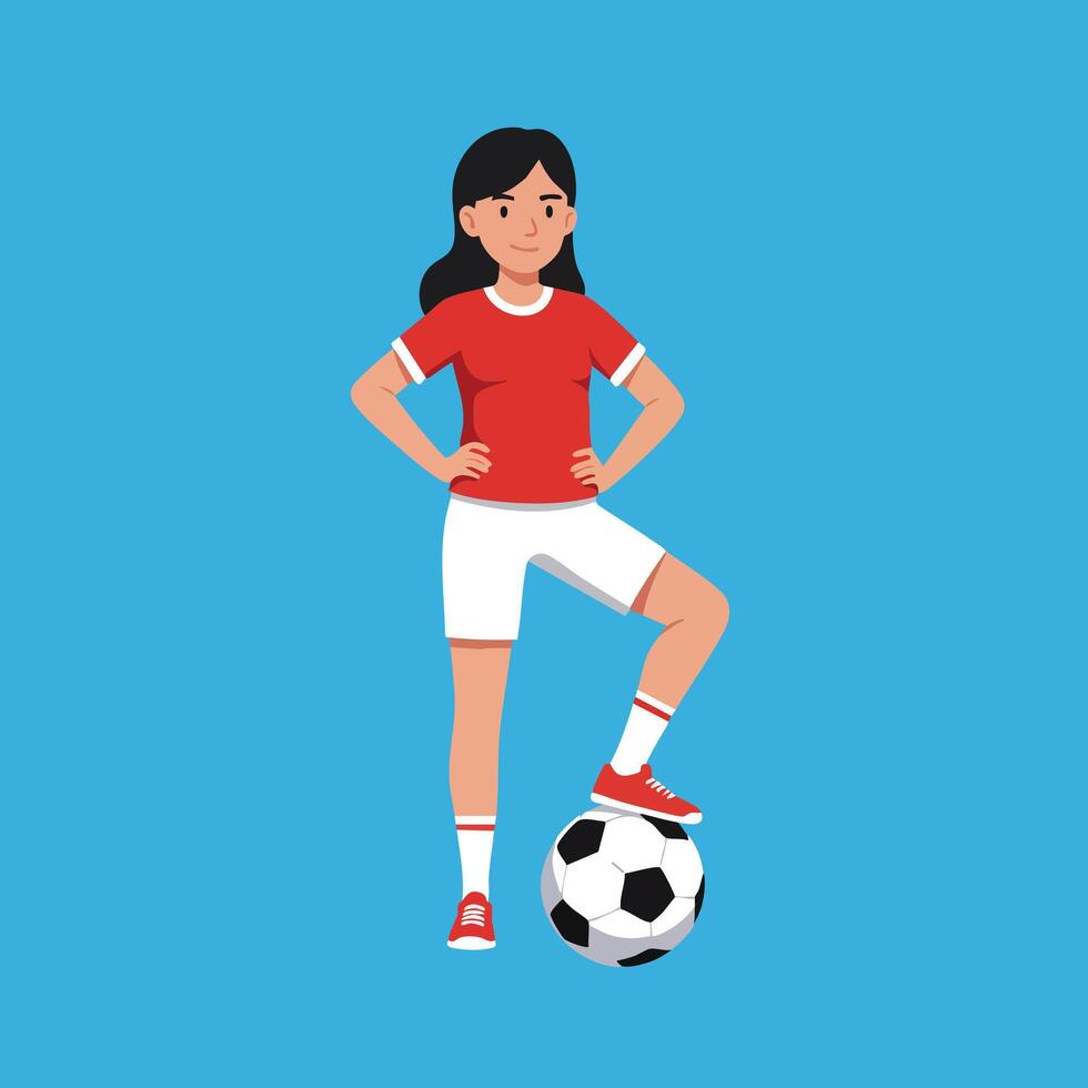 Girl soccer player in red shirt and white shorts standing with foot on ball on blue background illustration vector