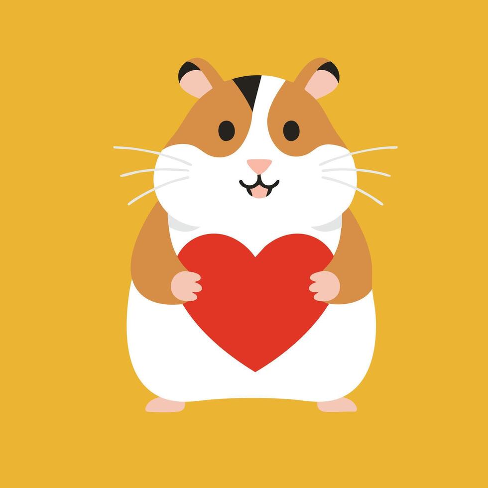 Cute hamster holding red heart symbol of love and affection illustration on yellow background vector