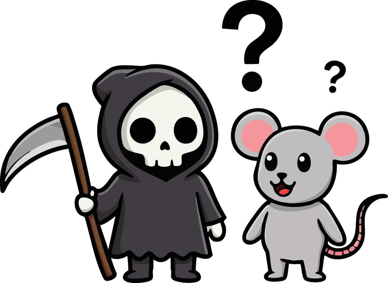 Grim Reaper character with scythe and confused mouse with question marks illustration cartoon style vector