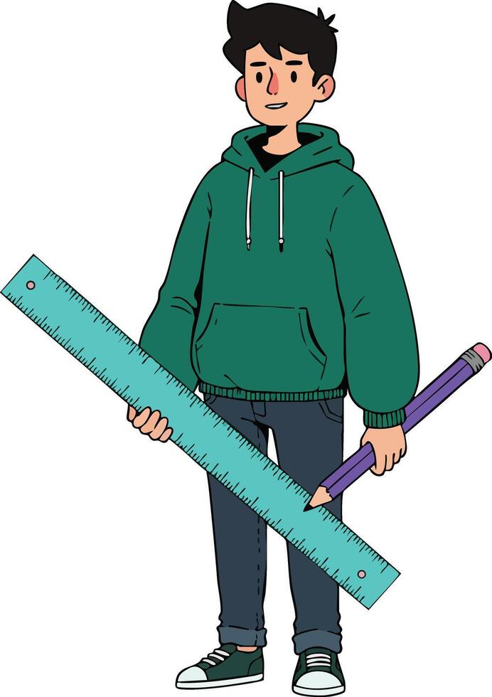 Young boy holding large blue ruler and purple pencil school supplies illustration image vector