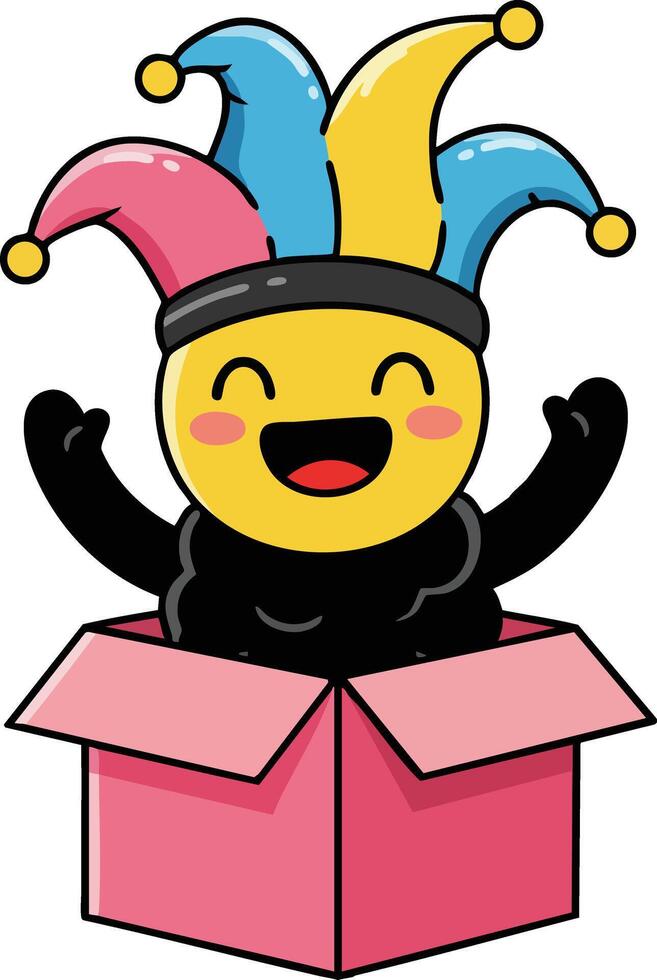 Happy jester emoji character popping out of pink box cheerful cartoon illustration with colorful hat vector