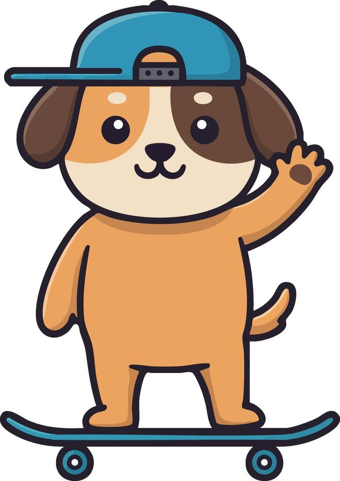Cute dog skateboarding wearing blue cap and waving paw in cartoon style illustration vector