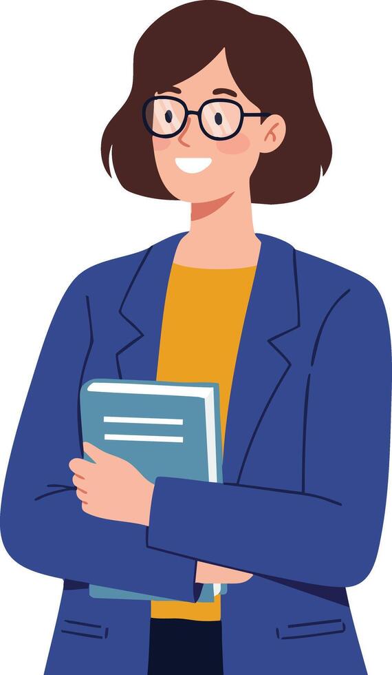 Young woman wearing glasses holding books in blue jacket and yellow top smiling illustration vector