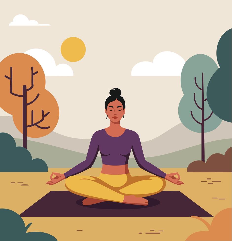 Woman practicing meditation outdoors in autumn nature with colorful trees and peaceful landscape illustration vector