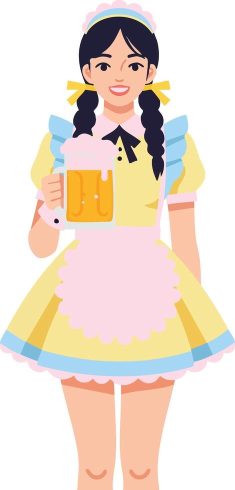 Young woman in maid costume holding mug of beer smiling cheerful illustration vector