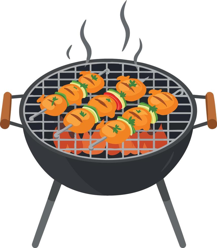 Charcoal barbecue grill with steaming grilled meat skewers outdoor cooking illustration vector