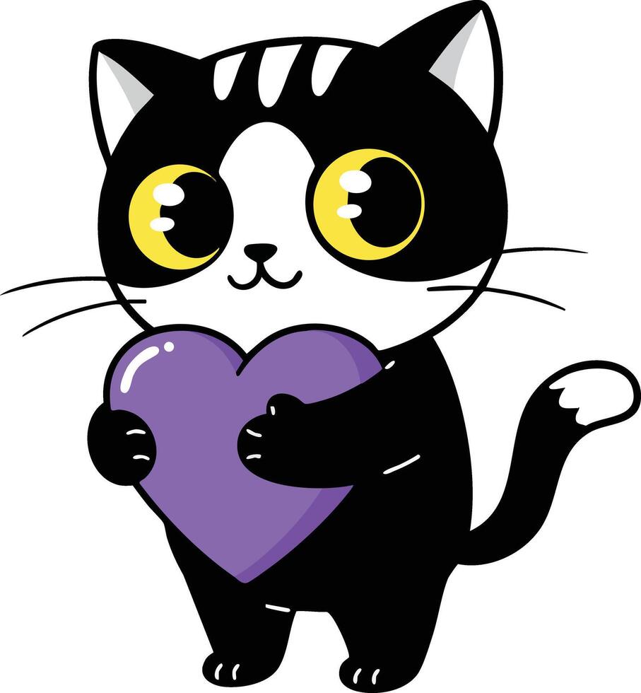 Black and white cartoon cat holding purple heart cute love illustration vector