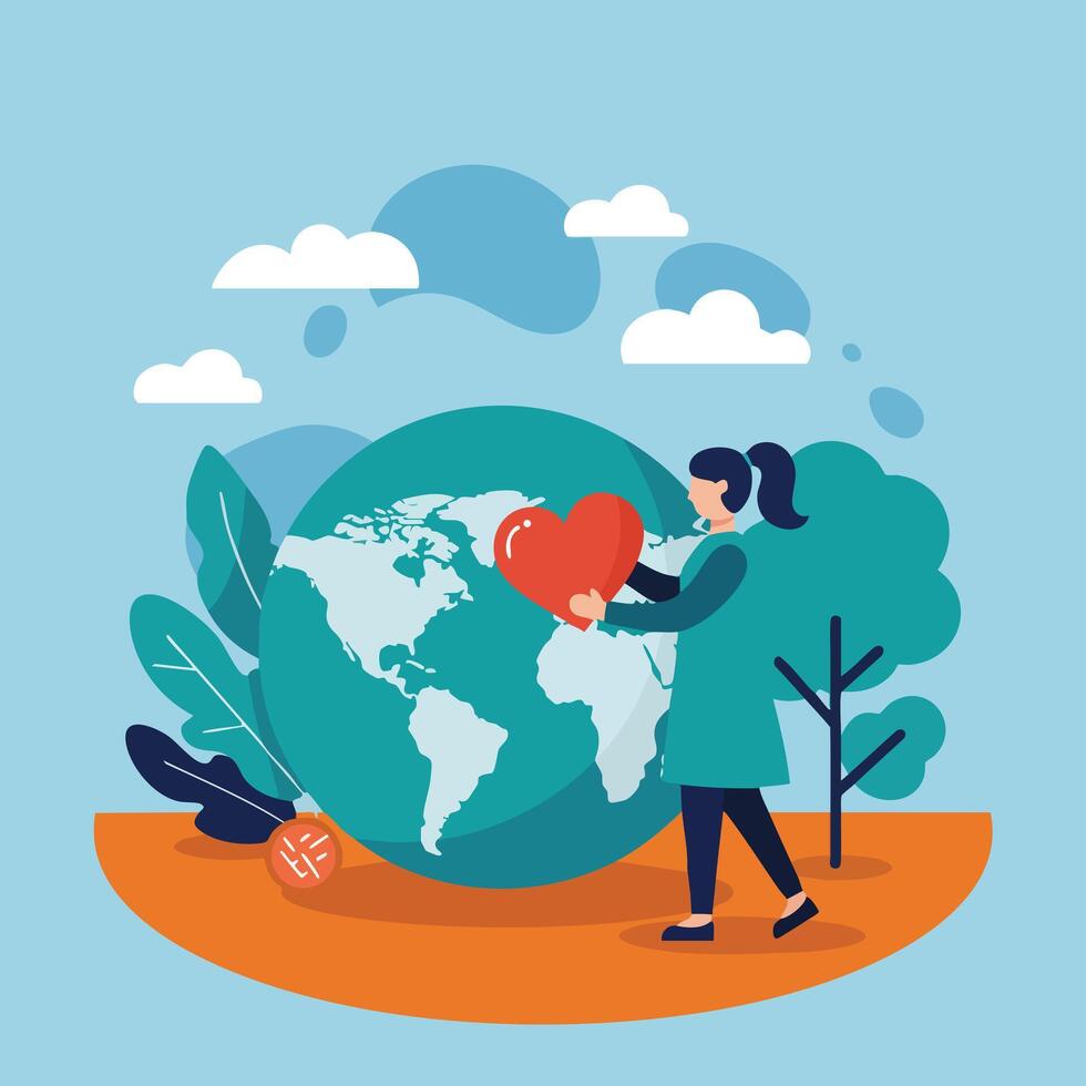 Woman Holding Red Heart Near Globe and Green Plants in Environmental Awareness Concept Illustration vector