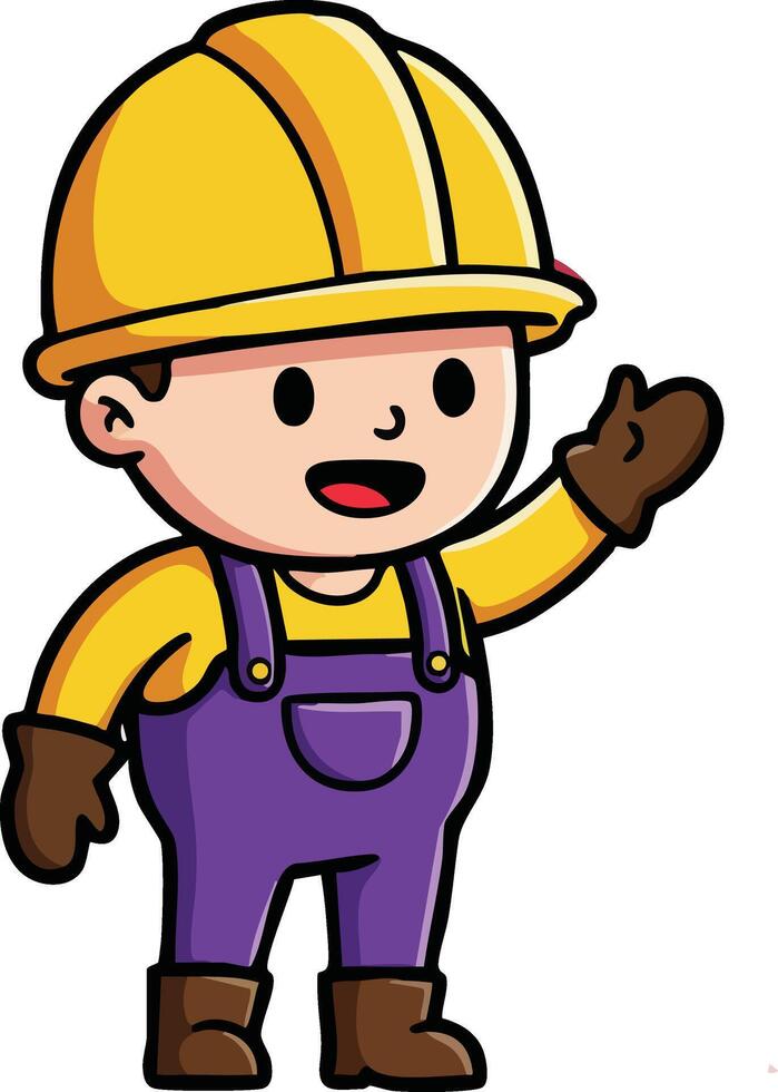 Child construction worker cartoon character waving hand in purple overalls and yellow safety helmet illustration vector
