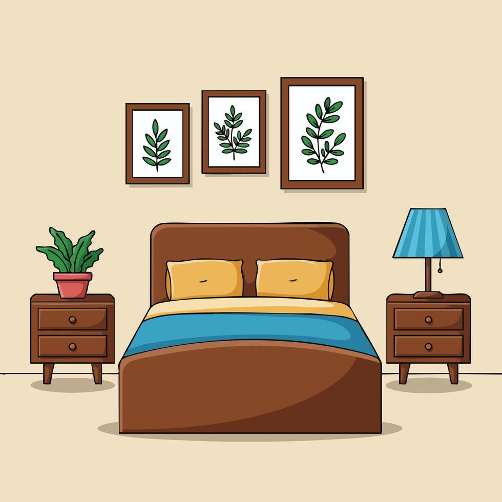 Bedroom interior with wooden bed, bedside tables, blue lamp, green plants, and framed leaf artwork in cozy home setting vector