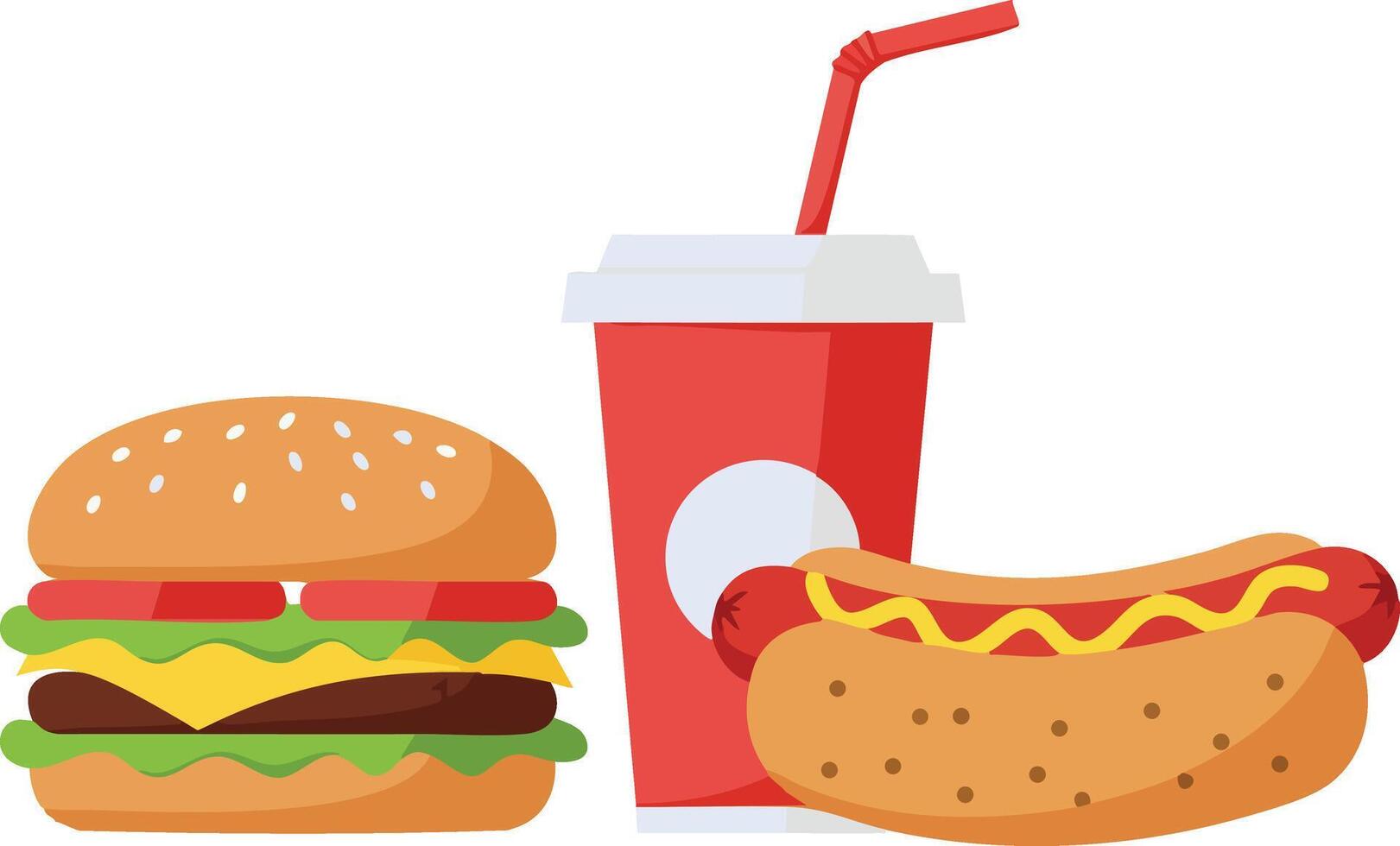 Fast food meal with cheeseburger, hot dog, and soda drink illustration in flat style vector