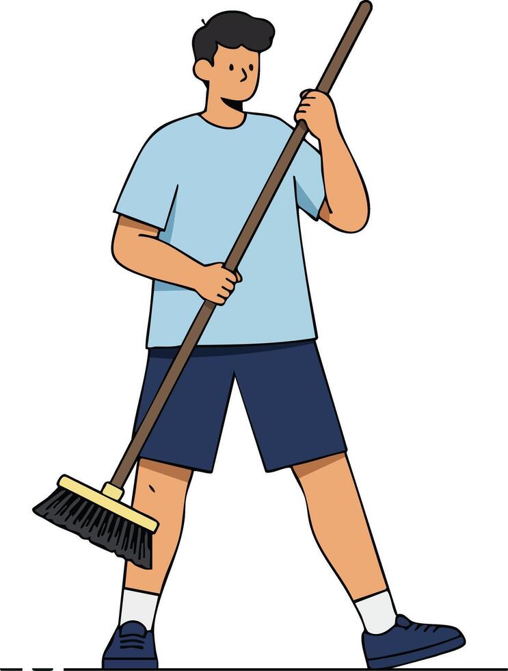 Young man holding a broom cleaning floor in casual clothes illustration vector