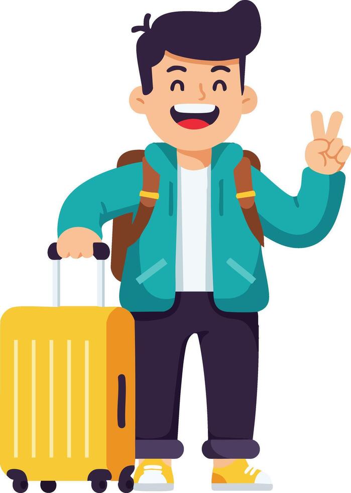 Young man traveler with yellow suitcase making peace sign happy journey illustration vector