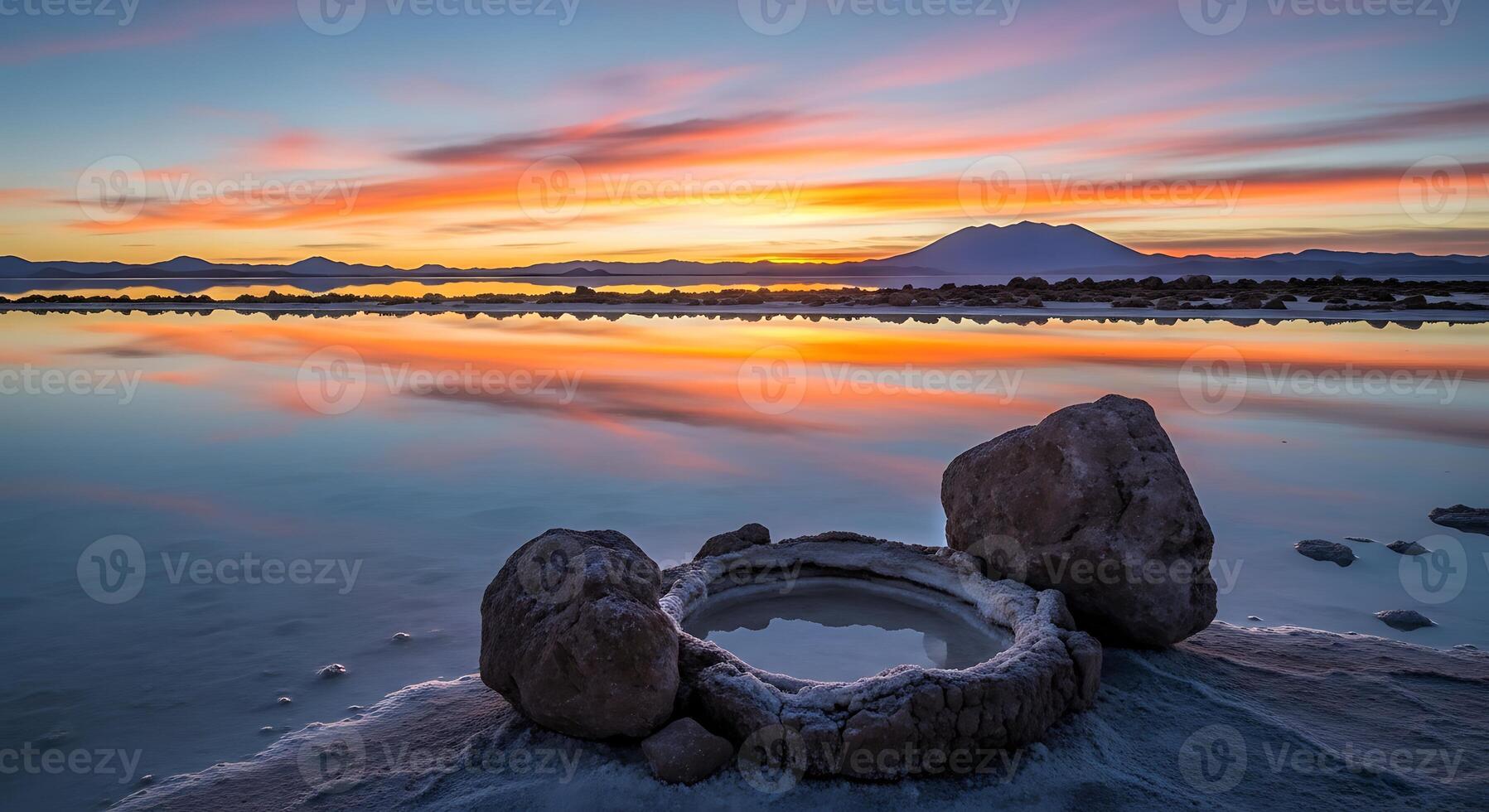 A sunset over the lake with rocks and water photo