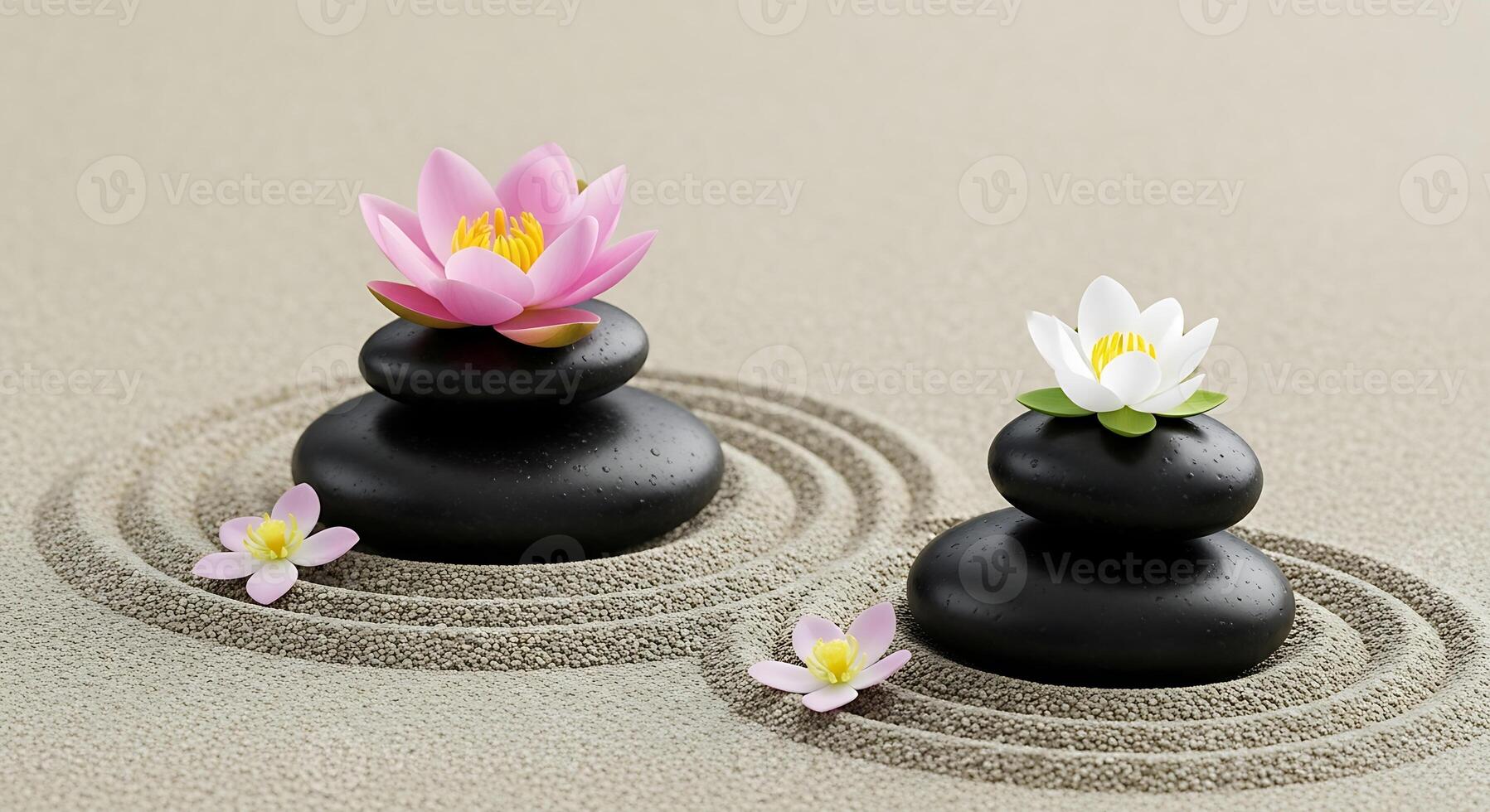 Two stones with flowers on top of sand photo