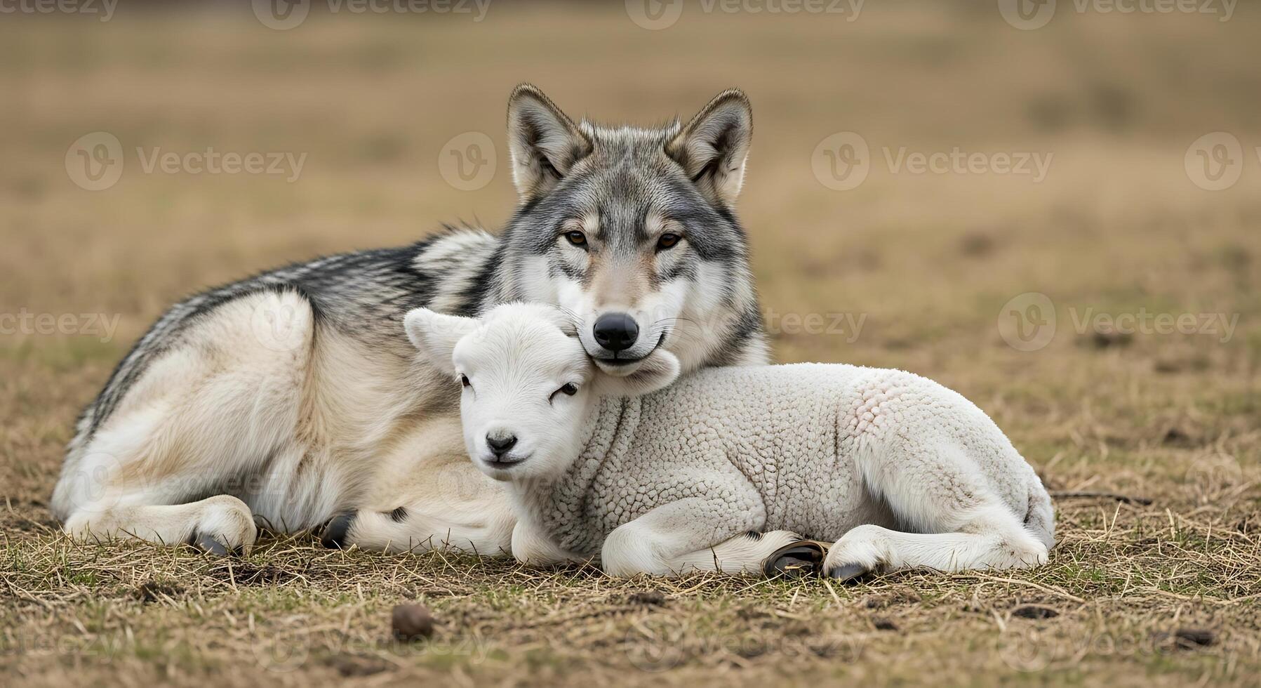 A wolf and a lamb laying on the ground photo