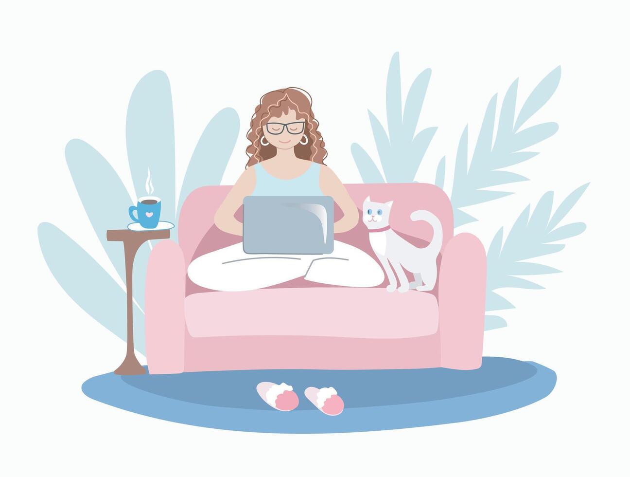 Work from home. Woman with laptop vector
