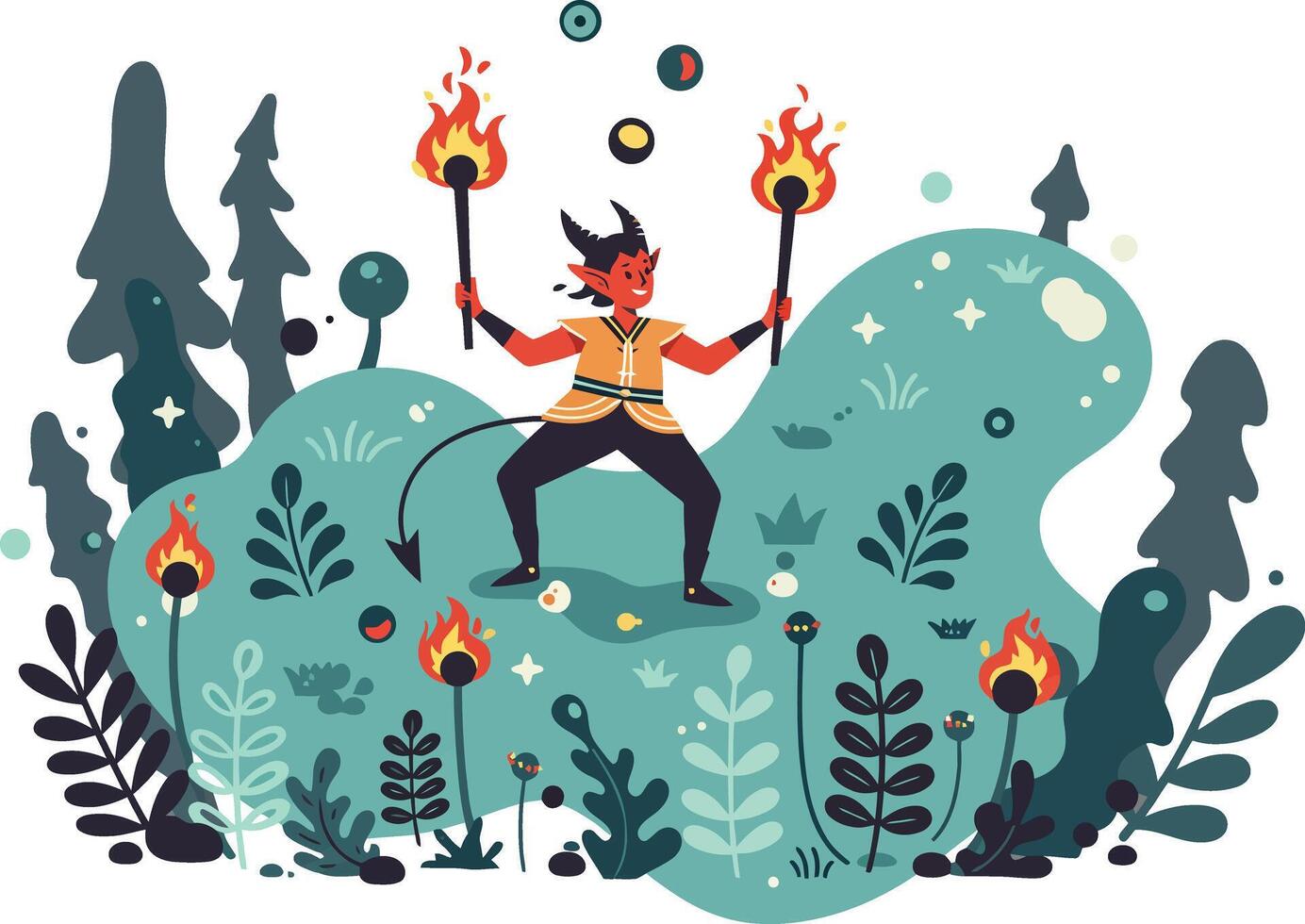 Fire dancer performing with flaming torches in forest clearing surrounded by trees and plants illustration vector