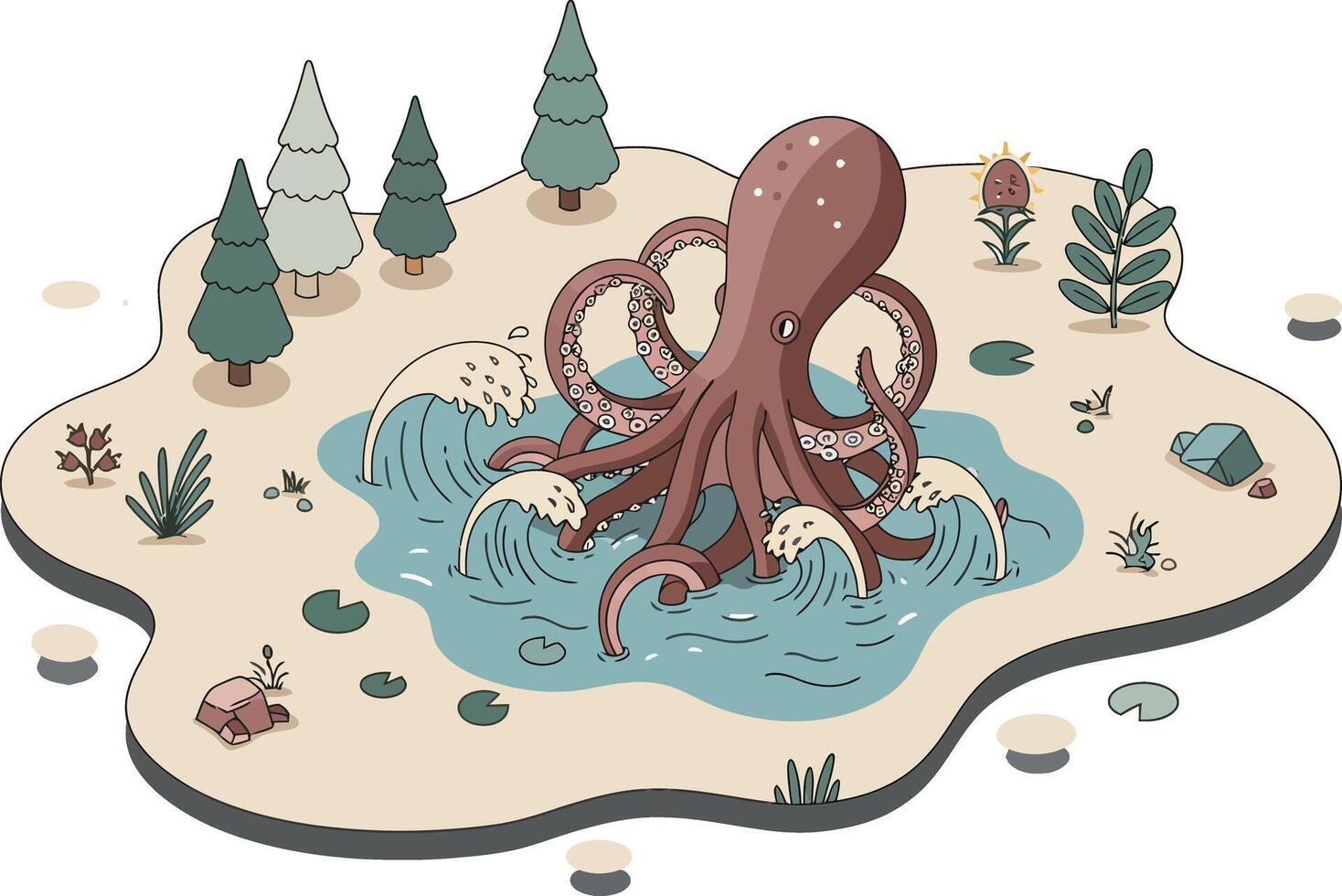 Octopus in small pond surrounded by trees and plants illustration in natural environment vector