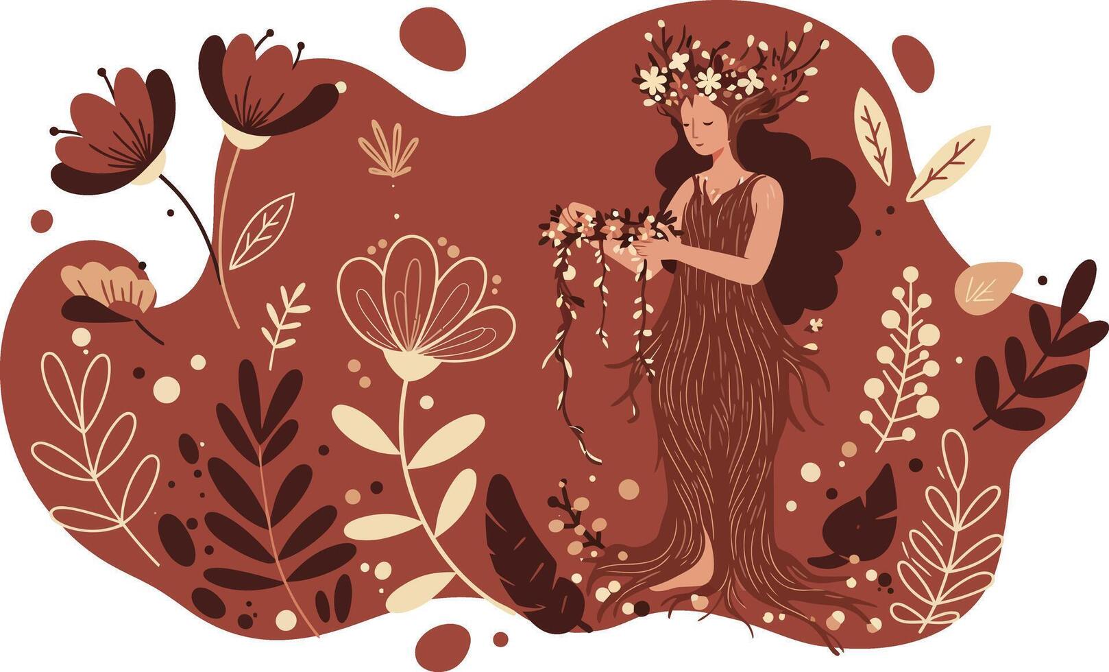 Woman in floral dress holding flowers surrounded by plants and flowers in earthy brown tones illustration vector