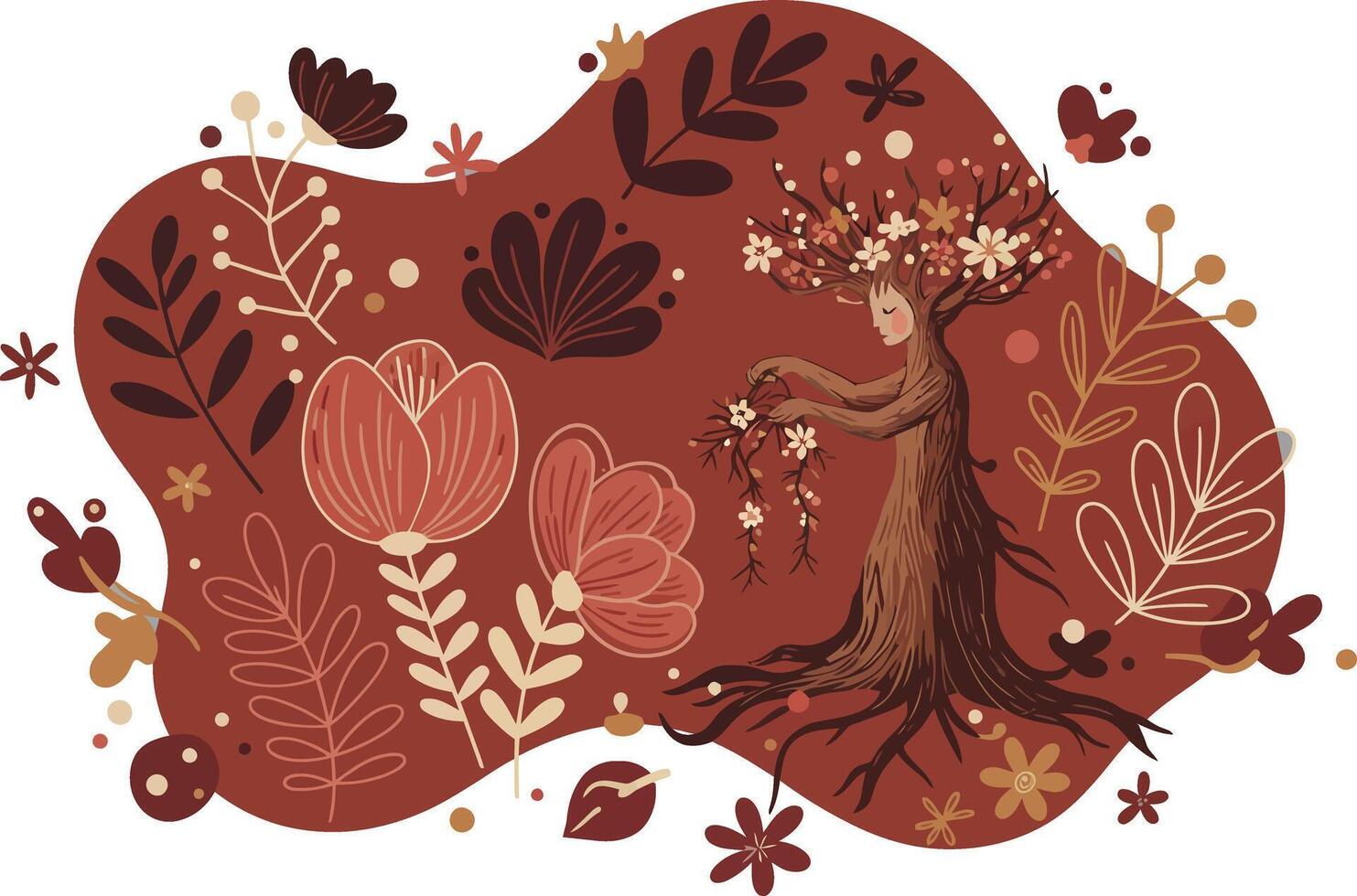 Abstract autumn tree and flowers illustration with brown and beige colors nature design elements vector
