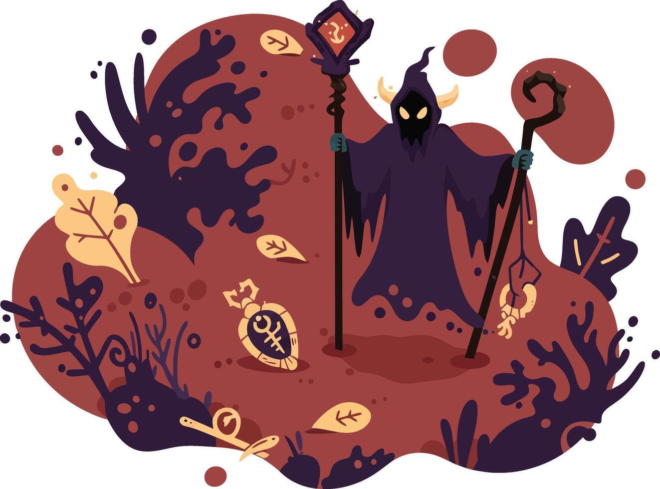 Dark wizard casting magic spell with staff in mystical forest environment illustration vector