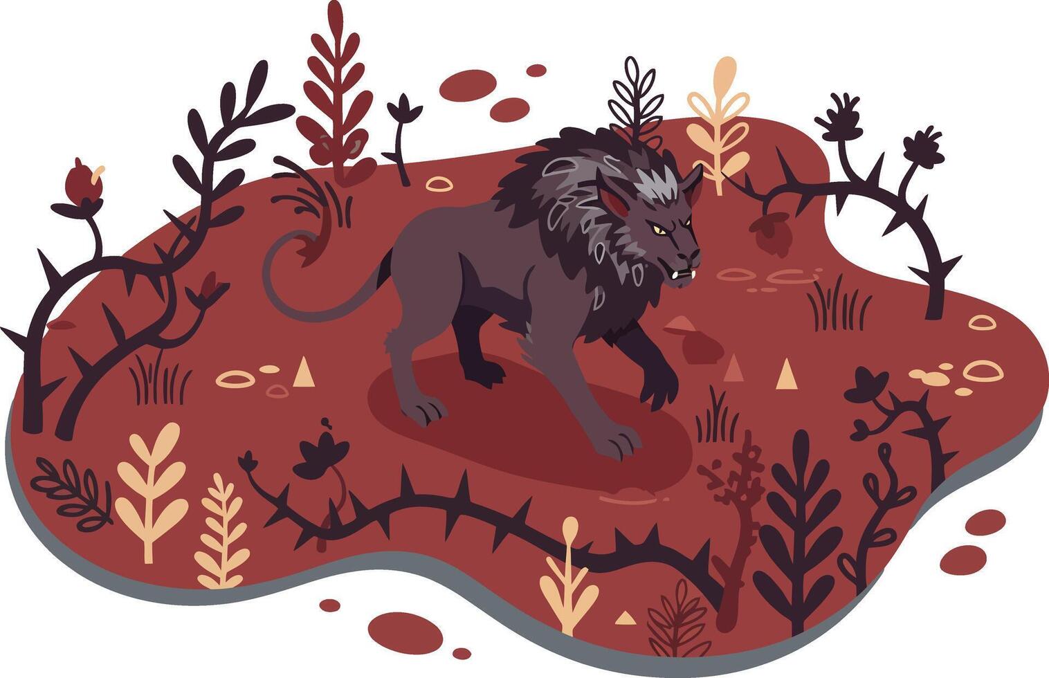 Wild lion resting in dry autumn landscape surrounded by sparse plants and thorns illustration vector