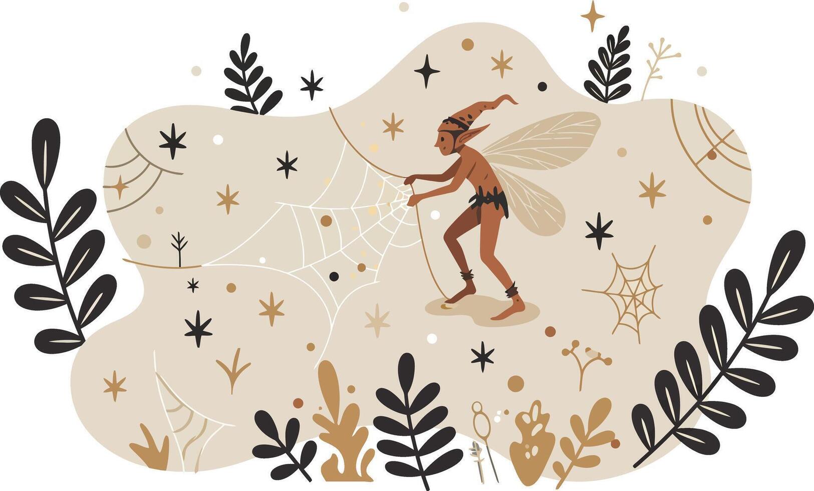 Fairy character with wings and wand in magical forest surrounded by plants and stars illustration vector