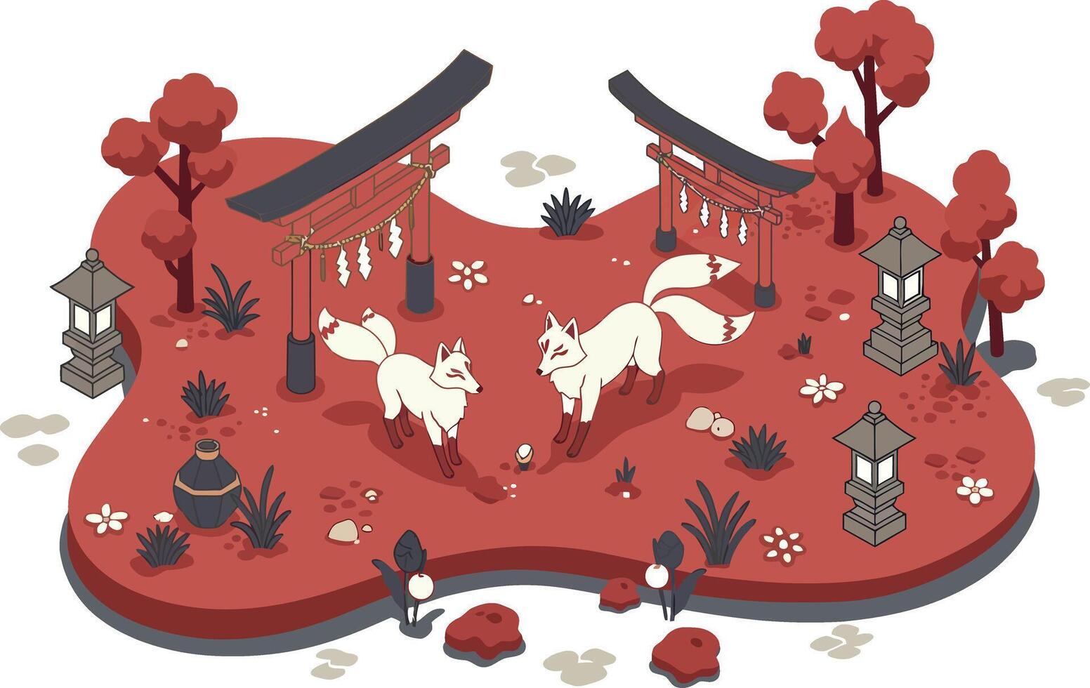 Foxes in Japanese Garden with Red Trees and Stone Lanterns Illustration Landscape Scene vector