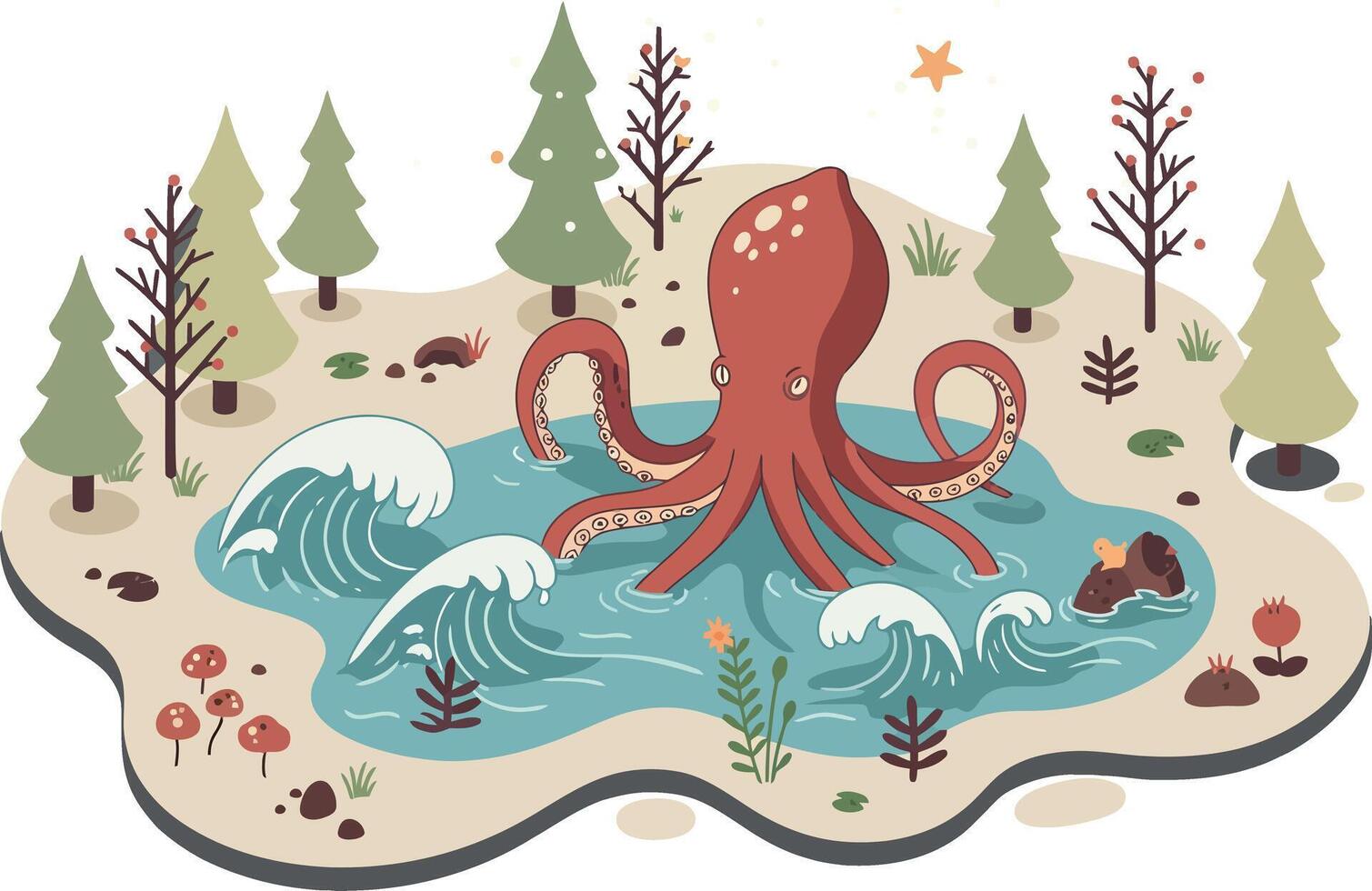Giant octopus in forest pond with waves and pine trees illustration in nature environment scene vector