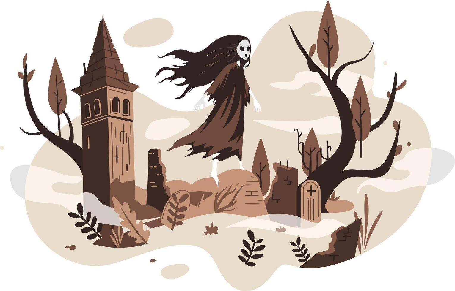 Ghost flying over spooky village with old church in eerie landscape illustration vector