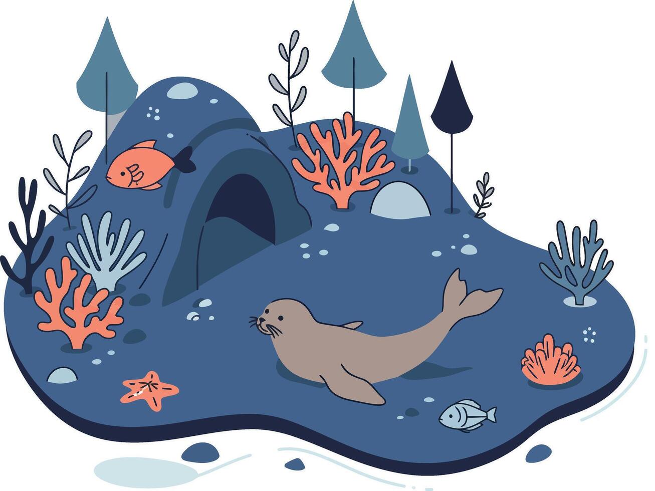 Marine life underwater scene with seal, fish, coral reefs, and sea plants in blue and orange colors illustration vector
