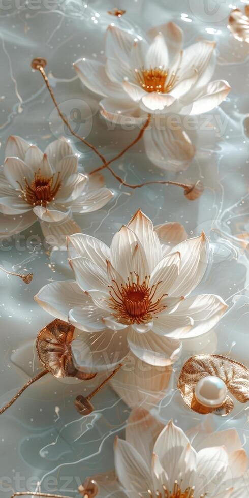 Lotus flowers in water with gold leafs photo