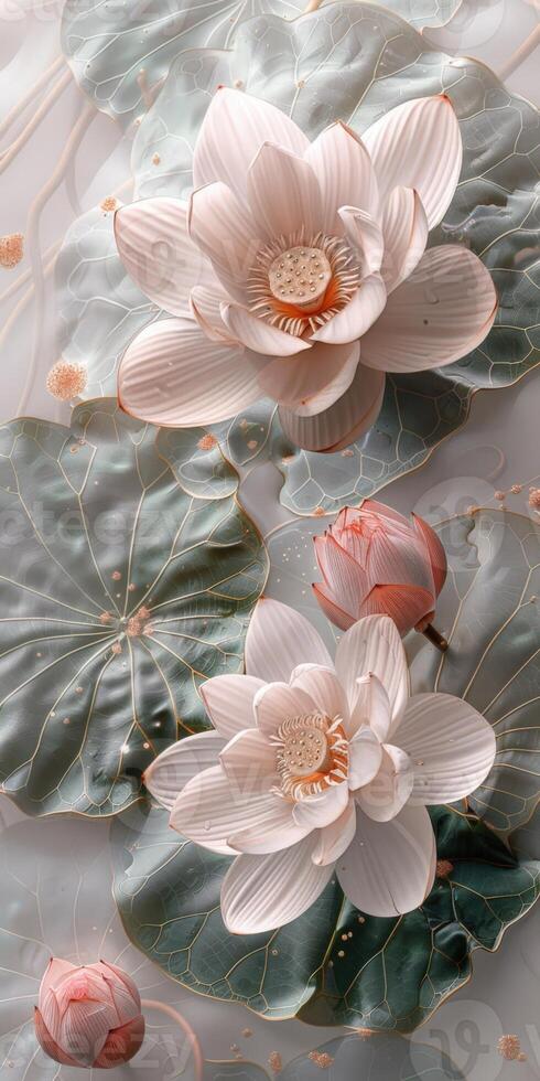 Three white lotus flowers floating in water photo