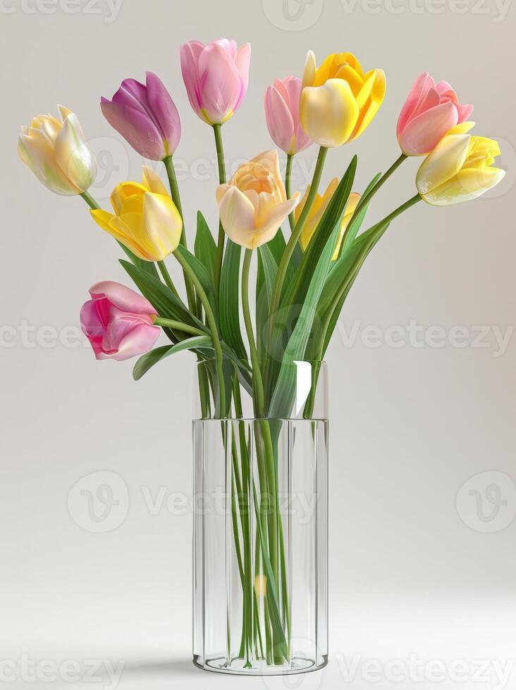 A vase filled with colorful tulips on a table photo