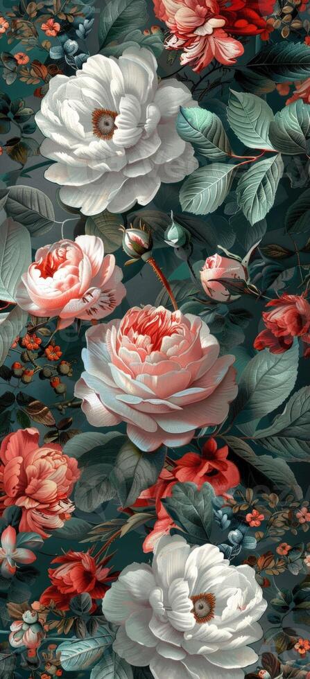 A floral pattern with red and pink roses photo