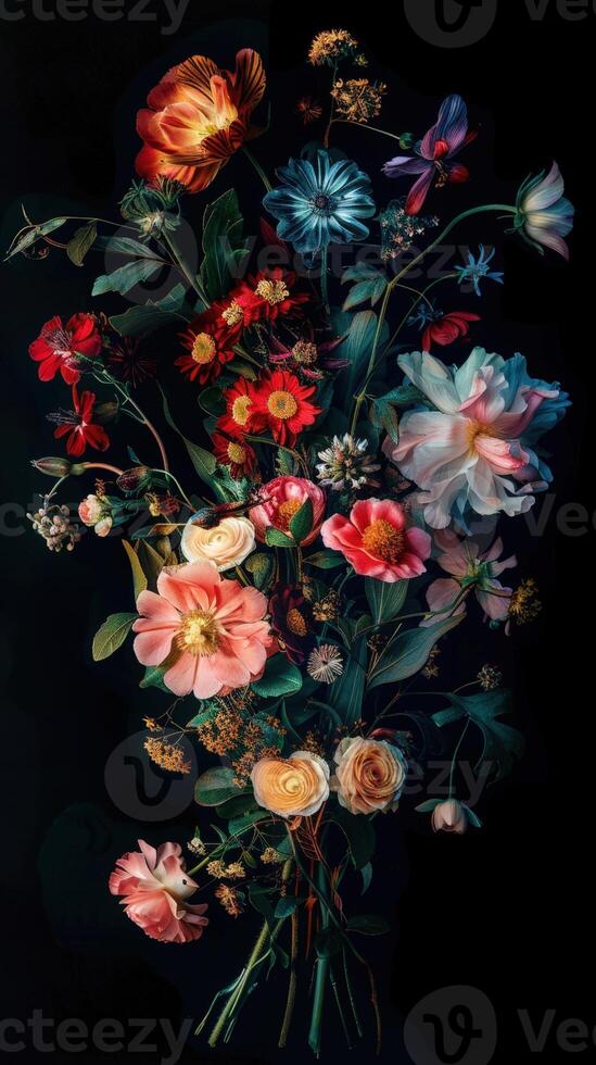 A painting of a bunch of flowers on a black background photo