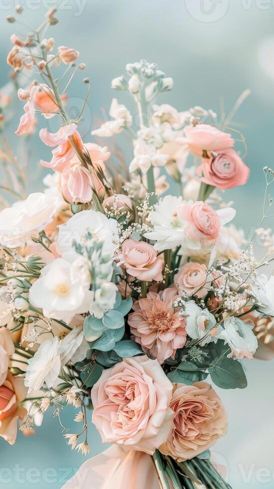 A bouquet of pink and white flowers is held in the hands photo