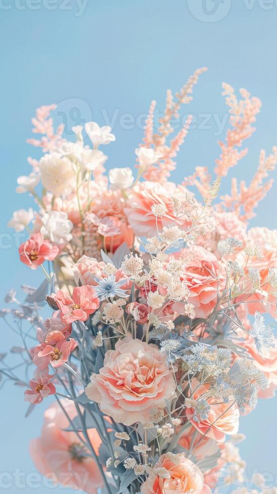 A vase with pink and white flowers against a blue sky photo