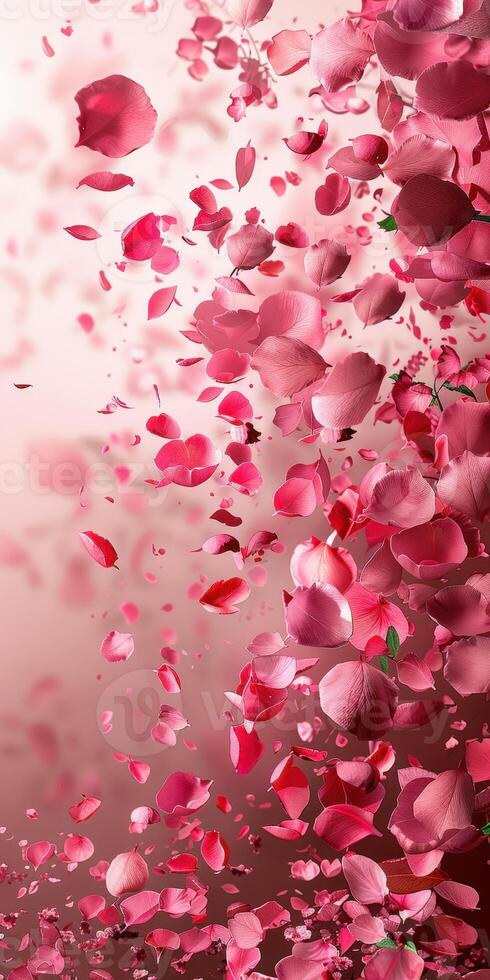Rose petals falling down on a pink background photo