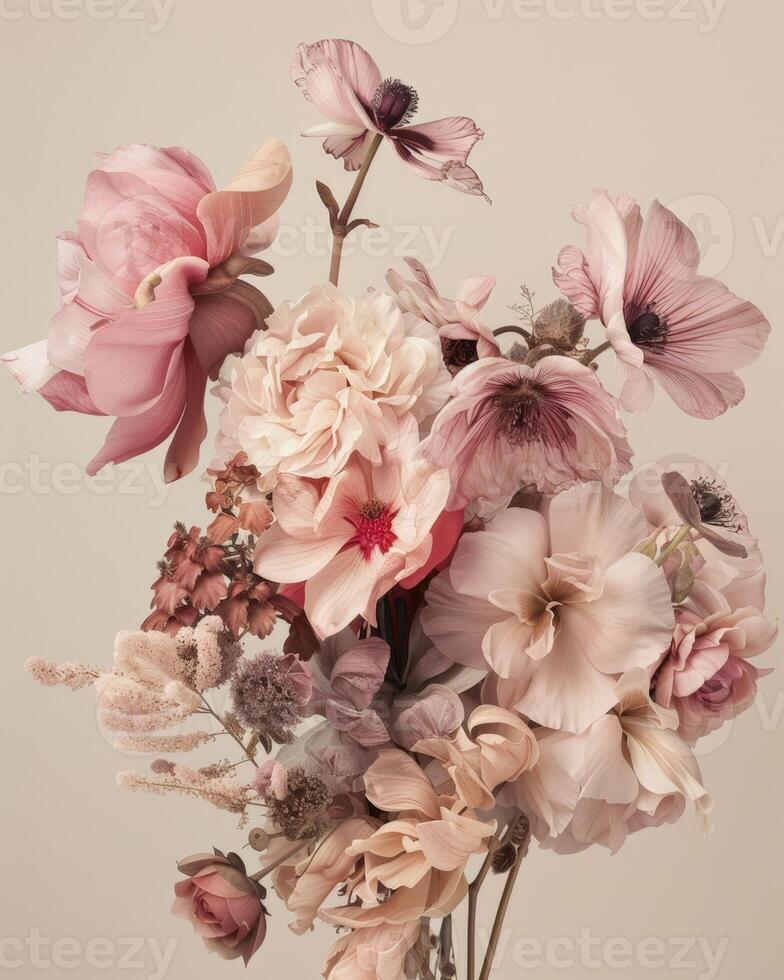 A vase filled with pink and brown flowers photo