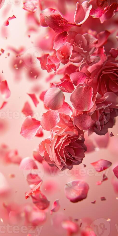 Pink rose petals floating in the air photo